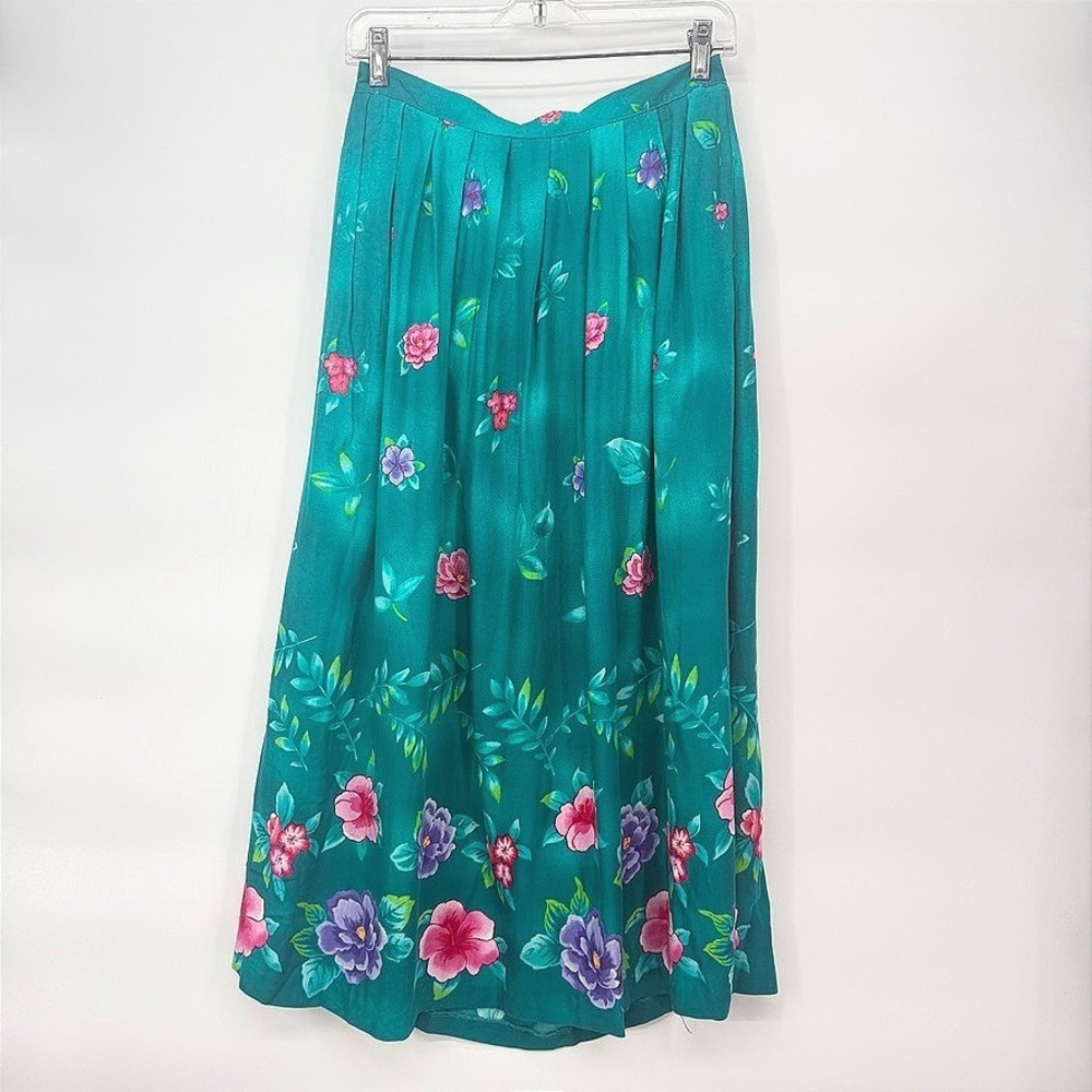 Bobbie Brooks Maxi Skirt Teal Floral Pleated Elastic Waist Vintage Boho Large